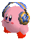 A very small animated picture of the character Kirby in large headphones bouncing to music